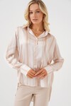 Merterium Kadın Çizgili Uzun Saten Gömlek 20291 - Bej