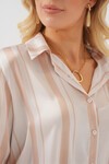Merterium Kadın Çizgili Uzun Saten Gömlek 20291 - Bej