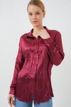 Merterium Kadın Kırışık Saten Gömlek 20316 - Bordo