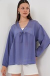 Merterium Kadın Önü Bağcıklı Uzun Kol Bluz 946 - İndigo