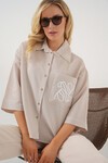 Merterium Kadın Tek Cep Nakışlı Gömlek 20328 - Bej