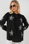 Merterium Kadın Uzun Kol Nakışlı Örme Bluz 951 - Siyah