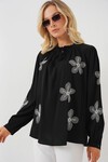 Merterium Kadın Uzun Kol Nakışlı Örme Bluz 951 - Siyah