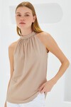 Merterium 0489 Halter Yaka Örme Bluz - Bisküvi