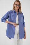 Merterium 20217 Cep Detaylı Çizgili Oversize Gömlek - İndigo