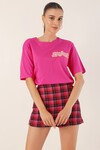 Merterium 4312 Nakışlı Oversize Tişört - Fuşya