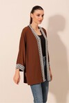5866 Nakışlı Örme Kimono - Kahverengi