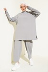 Merterium 6681 Bisiklet Yaka Tunik Pantolon İkili Takım - Gri