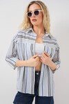 Kadın Çizgili Kısa Kol Gömlek 20344 - Lacivert