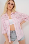 Kadın Çizgili Kısa Kol Gömlek 20344 - Pudra
