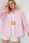 Merterium Kadın Çizgili Oversize Gömlek 20332 - Pudra