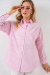 Merterium Kadın Çizgili Oversize Gömlek 20332 - Pudra