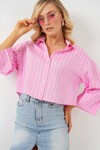 Merterium Kadın Çizgili Oversize Kısa Gömlek 20326 - Pembe