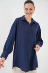 Merterium Kadın Çizgili Uzun Gömlek Tunik 5963 - Lacivert