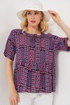 Kadın Desenli Kısa Kol Bluz 969 - Bordo
