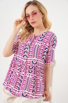 Kadın Desenli Kısa Kol Bluz 969 - Fuşya
