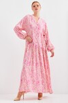 Kadın Desenli Pembe Viskon Tesettür Elbise 2423