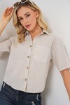 Merterium Kadın Keten Görünümlü Crop Gömlek 20339 - Krem