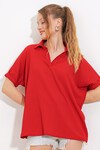 Merterium Kadın Kırmızı Oversize Polo Yaka Örme Bluz 0486