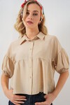 Merterium Kadın Kısa Kol Crop Gömlek 20335 - Bej