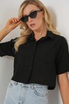 Merterium Kadın Kısa Kol Crop Gömlek 20341 - Siyah