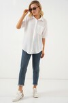 Merterium Kadın Kısa Kol Keten Görünümlü Gömlek 20336 - Beyaz