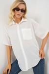 Merterium Kadın Kısa Kol Keten Görünümlü Gömlek 20336 - Beyaz