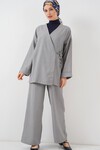 Kadın Kruvaze Yaka Kimono Alt Üst Takım 6743 - Gri