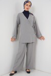 Kadın Kruvaze Yaka Kimono Alt Üst Takım 6743 - Gri