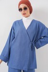 Kadın Kruvaze Yaka Kimono Alt Üst Takım 6743 - İndigo