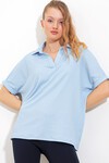 Kadın Mavi Oversize Polo Yaka Örme Bluz 0486