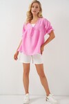 Merterium Kadın Önü Bağcıklı Kısa Kol Bluz 962 - Pembe