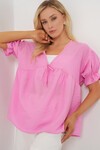 Merterium Kadın Önü Bağcıklı Kısa Kol Bluz 962 - Pembe