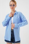 Tek Cepli Oversize Keten Gömlek - Mavi