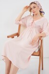 2570 Kadın Beli Büzgülü V Yaka Elbise - Pudra