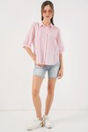 Kadın Çizgili Kısa Kol Gömlek 20345 - Pudra