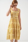 Kadın Desenli Askılı Midi Elbise 2577 - Sarı