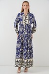 Kadın Desenli Uzun Tesettür Elbise 2585 - İndigo