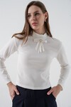 Kadın Kurdale Detay Uzun Kollu Bluz 977 - Beyaz