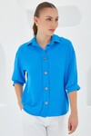 Kadın Mavi Kısa Kol Oversize Keten Gömlek 20240