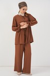 Kadın Önü Bağcıklı Tunik Pantolon İkili Takım 6744 - Taba