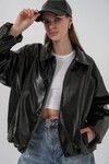 Kadın Oversize Suni Deri Ceket 1049 - Siyah