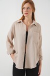 Kadın Tek Cepli Oversize Müslin Gömlek 20353 - Bej