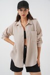Kadın Tek Cepli Oversize Müslin Gömlek 20353 - Taş
