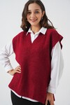 Kadın V Yaka Triko Süveter 15925 - Bordo