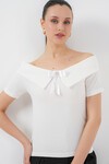 Kurdele Detaylı Örme Bluz 949 - Beyaz