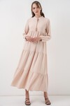 T1627 Yaka Bağcıklı Elbise - C. Bej