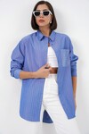 20217 Cep Detaylı Çizgili Oversize Gömlek - Lacivert