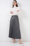 8009 Deri Görünümlü Piliseli Etek - Gri