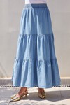 8022 Volanlı Uzun Kot Etek - Mavi